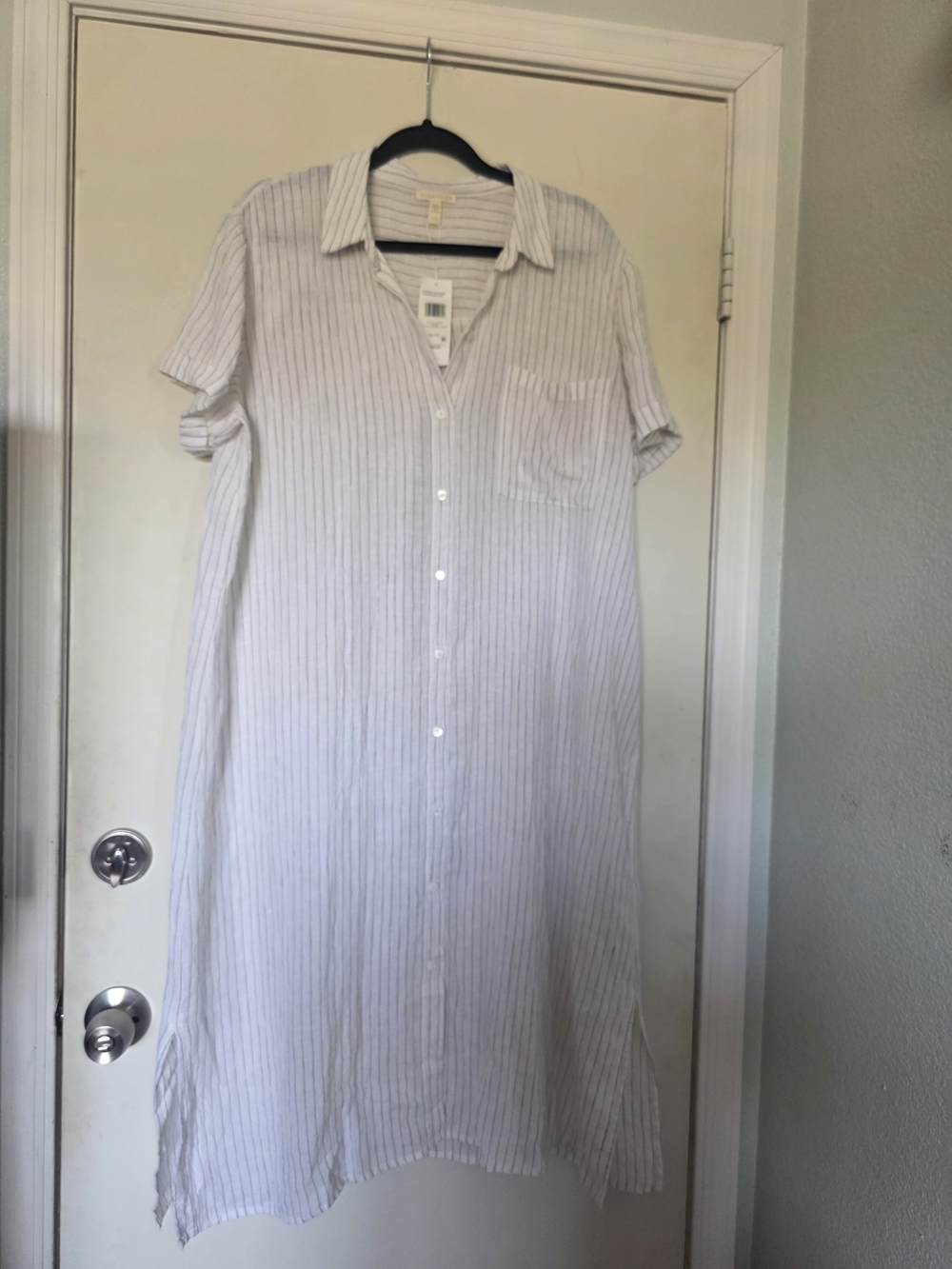 Eileen Fisher Organic Linen White And  Light Brown Striped Maxi Shirt Dress
